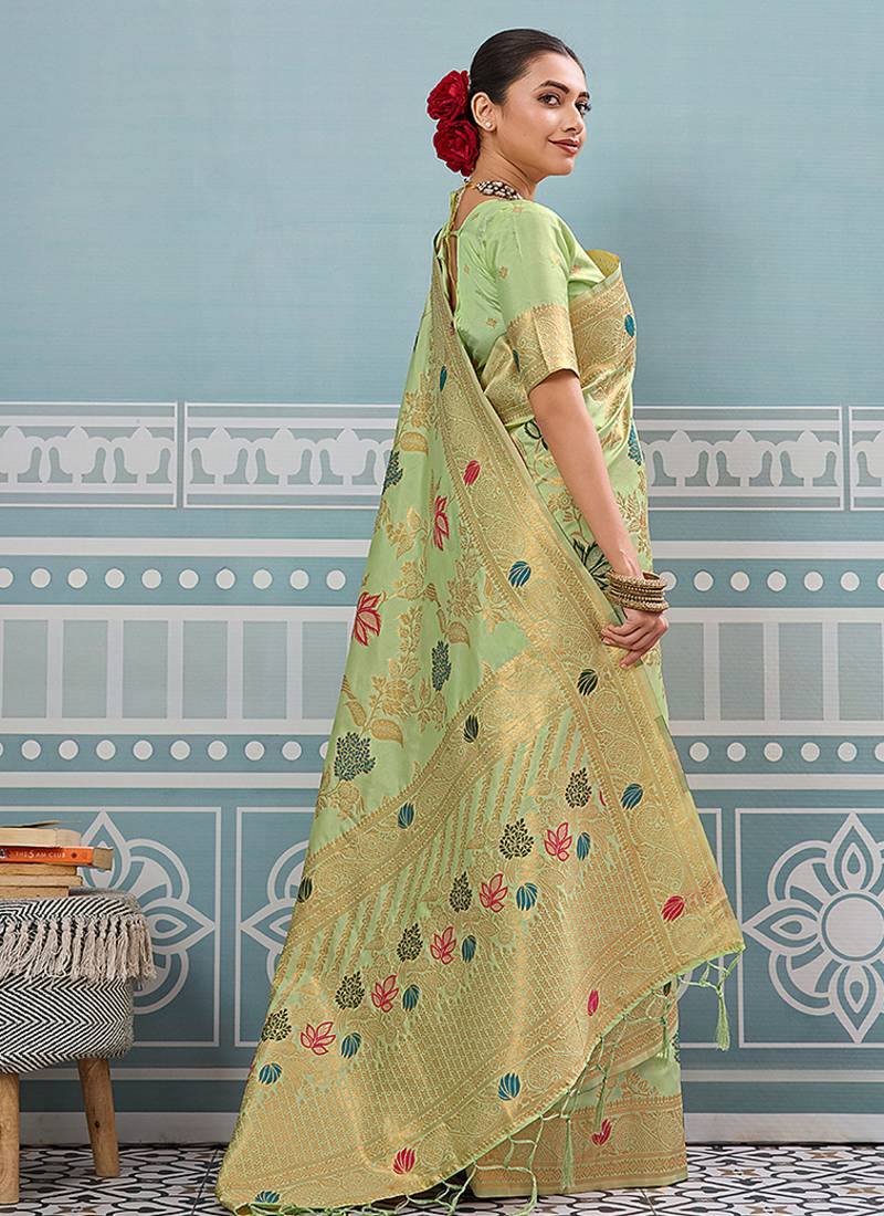 Light pistachio green banarasi silk blend saree with gold zari floral weaving