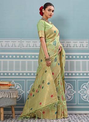 Light pistachio green banarasi silk blend saree with gold zari floral weaving 3