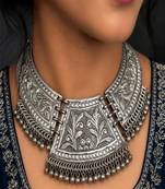 Vintage Tribal Chitai Work Silver Plated Choker Necklace, Oxidized Brass Statement Hasli Collar with ghungroo
