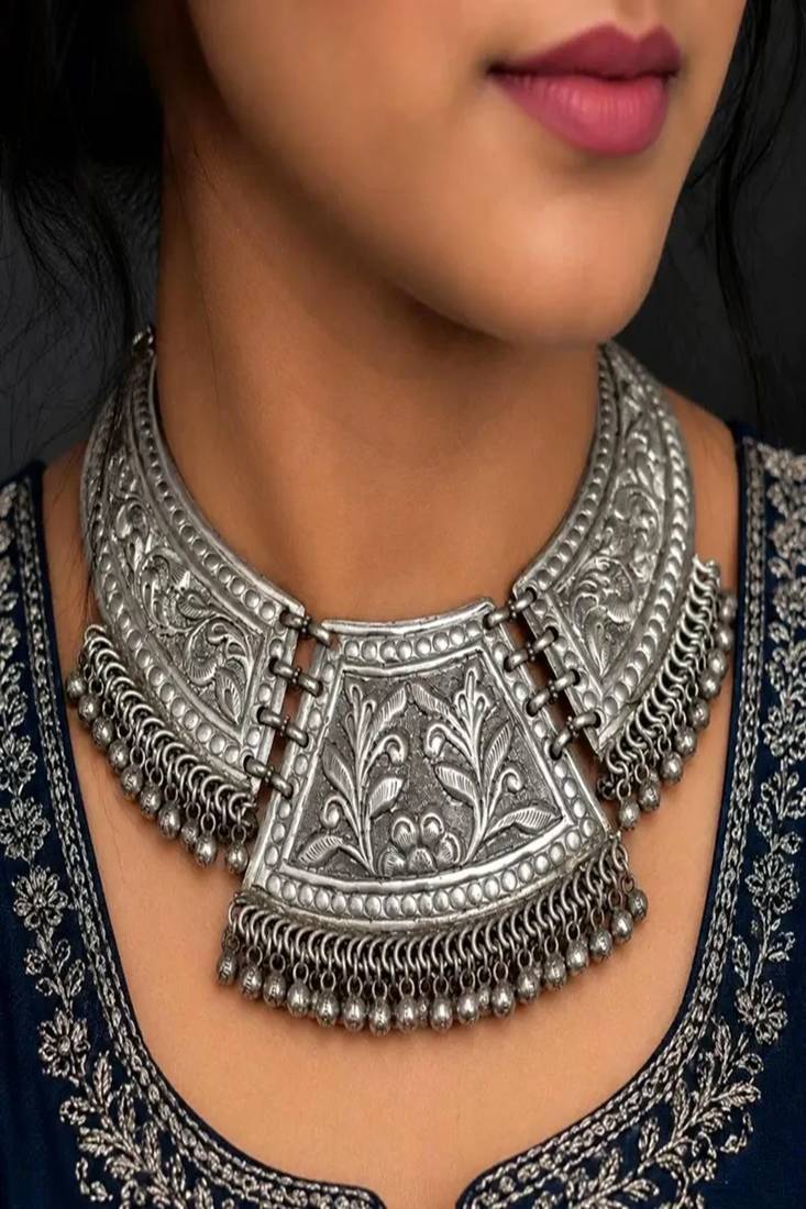 Vintage Tribal Chitai Work Silver Plated Choker Necklace, Oxidized Brass Statement Hasli Collar with ghungroo