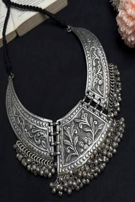 Vintage Tribal Chitai Work Silver Plated Choker Necklace, Oxidized Brass Statement Hasli Collar with ghungroo 2