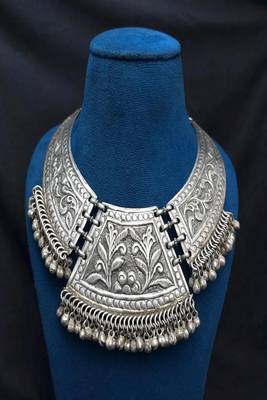 Vintage Tribal Chitai Work Silver Plated Choker Necklace, Oxidized Brass Statement Hasli Collar with ghungroo 3