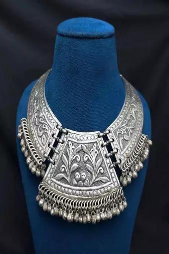 Vintage Tribal Chitai Work Silver Plated Choker Necklace, Oxidized Brass Statement Hasli Collar with ghungroo