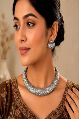 Oxidized Silver Torque Choker Set, Boho Statement Necklace with Earrings 1