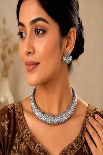 Oxidized Silver Torque Choker Set, Boho Statement Necklace with Earrings