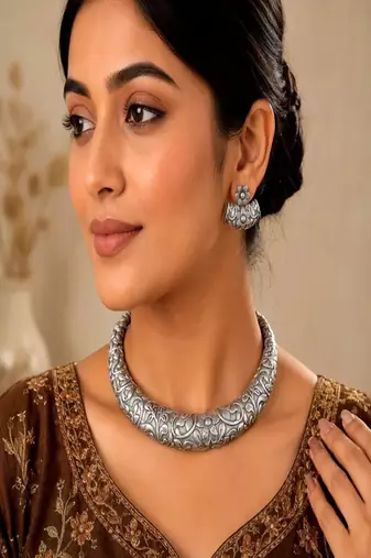 Oxidized Silver Torque Choker Set, Boho Statement Necklace with Earrings