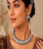 Oxidized Silver Torque Choker Set, Boho Statement Necklace with Earrings