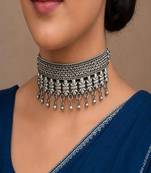 Vintage Oxidized Silver Choker Necklace, Indian Chitai Work Boho Collar, Brass Base