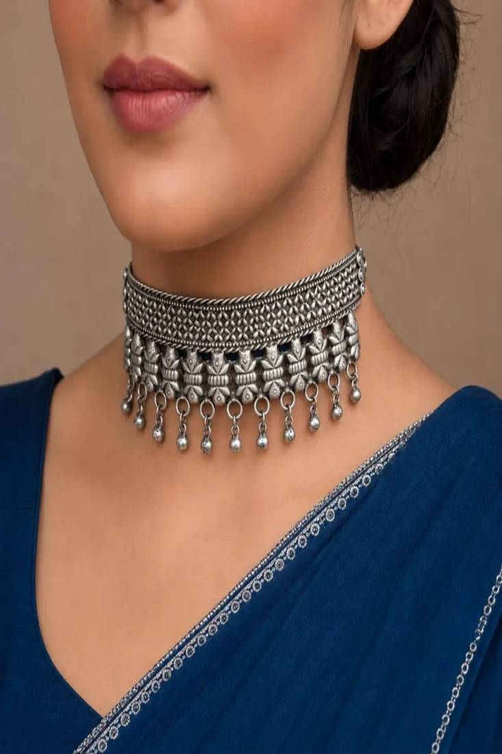 Vintage Oxidized Silver Choker Necklace, Indian Chitai Work Boho Collar, Brass Base
