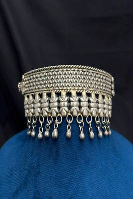 Vintage Oxidized Silver Choker Necklace, Indian Chitai Work Boho Collar, Brass Base 2