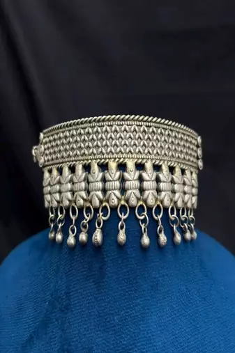 Vintage Oxidized Silver Choker Necklace, Indian Chitai Work Boho Collar, Brass Base