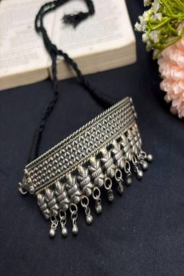 Vintage Oxidized Silver Choker Necklace, Indian Chitai Work Boho Collar, Brass Base 3