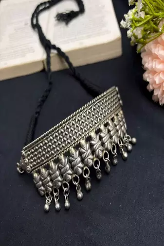Vintage Oxidized Silver Choker Necklace, Indian Chitai Work Boho Collar, Brass Base