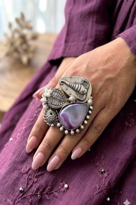 Large Purple Agate Statement Ring, Silver Plated Brass Elephant Boho Ring 1
