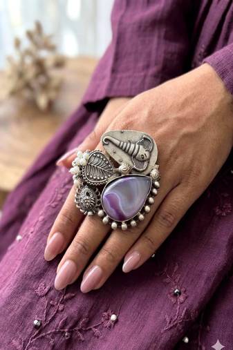 Large Purple Agate Statement Ring, Silver Plated Brass Elephant Boho Ring