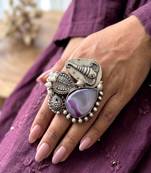 Large Purple Agate Statement Ring, Silver Plated Brass Elephant Boho Ring