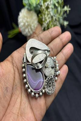 Large Purple Agate Statement Ring, Silver Plated Brass Elephant Boho Ring 2