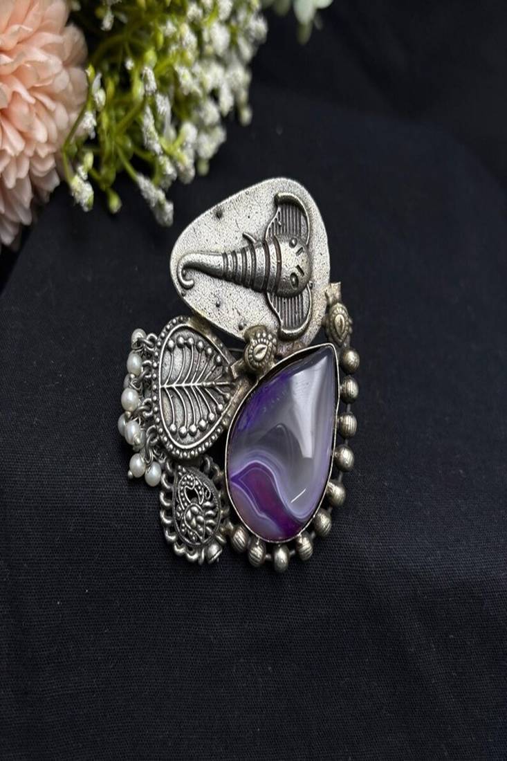 Large Purple Agate Statement Ring, Silver Plated Brass Elephant Boho Ring