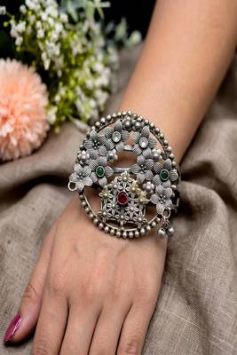 Oxidized Silver Floral Cuff Bangle | Large Tribal Statement Bracelet  1
