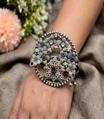 Oxidized Silver Floral Cuff Bangle | Large Tribal Statement Bracelet 