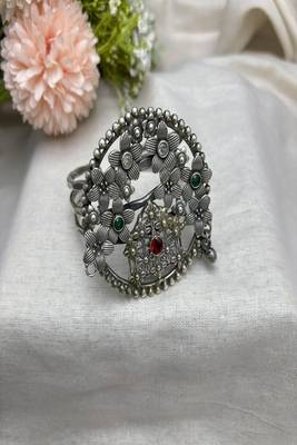 Oxidized Silver Floral Cuff Bangle | Large Tribal Statement Bracelet  2