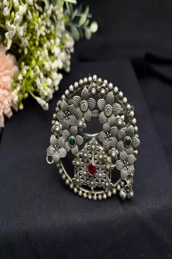 Oxidized Silver Floral Cuff Bangle | Large Tribal Statement Bracelet 