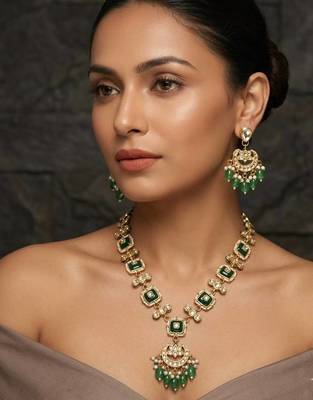 Green kundan & pearl drop gold plated necklace set for women 1