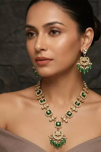 Green kundan & pearl drop gold plated necklace set for women