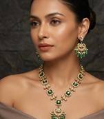 Green kundan & pearl drop gold plated necklace set for women