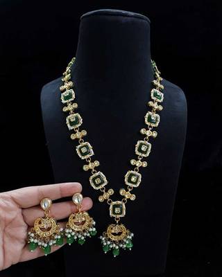 Green kundan & pearl drop gold plated necklace set for women 2