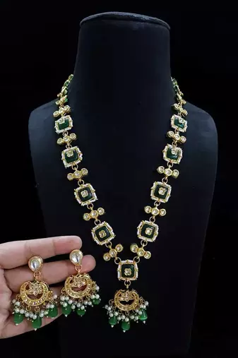 Green kundan & pearl drop gold plated necklace set for women