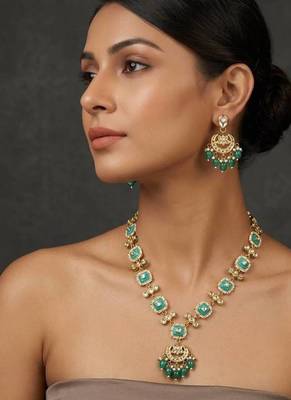 Turquoise kundan & pearl drop gold plated necklace set for women 1
