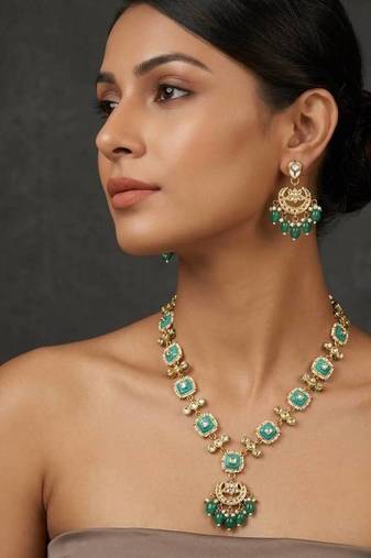 Turquoise kundan & pearl drop gold plated necklace set for women
