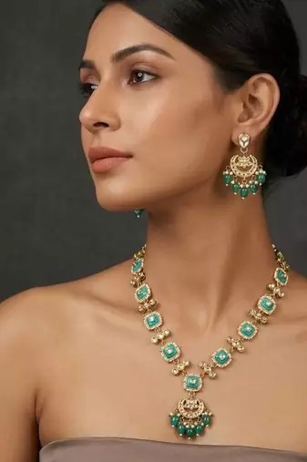Turquoise kundan & pearl drop gold plated necklace set for women