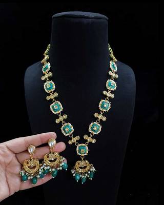 Turquoise kundan & pearl drop gold plated necklace set for women 2