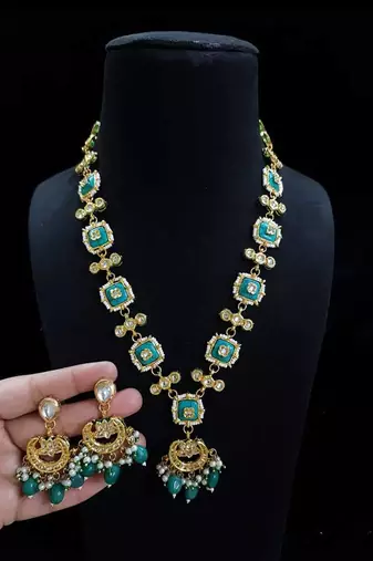 Turquoise kundan & pearl drop gold plated necklace set for women