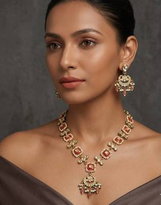 Brown kundan & pearl drop gold plated necklace set for women 1