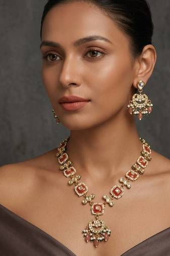 Brown kundan & pearl drop gold plated necklace set for women