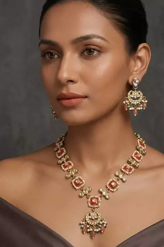 Brown kundan & pearl drop gold plated necklace set for women