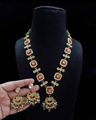 Brown kundan & pearl drop gold plated necklace set for women 2