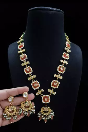 Brown kundan & pearl drop gold plated necklace set for women