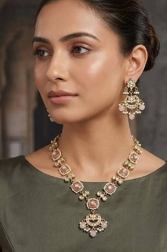 Pink kundan & pearl drop gold plated necklace set for women