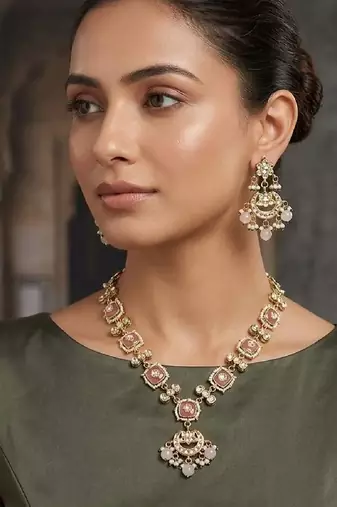 Pink kundan & pearl drop gold plated necklace set for women