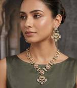 Pink kundan & pearl drop gold plated necklace set for women