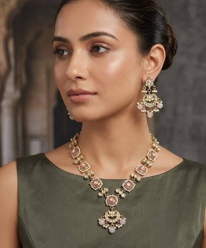 Pink kundan & pearl drop gold plated necklace set for women