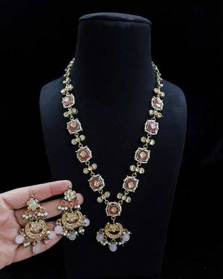 Pink kundan & pearl drop gold plated necklace set for women 2