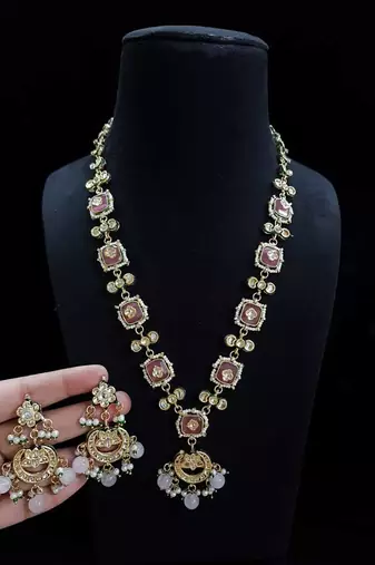 Pink kundan & pearl drop gold plated necklace set for women