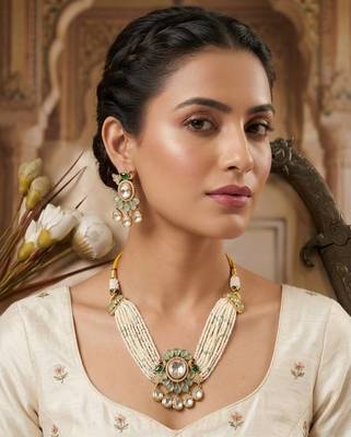 Green kundan stone & pearl beaded gold plated choker necklace set for women 1