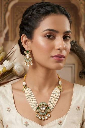 Green kundan stone & pearl beaded gold plated choker necklace set for women