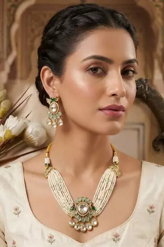 Green kundan stone & pearl beaded gold plated choker necklace set for women